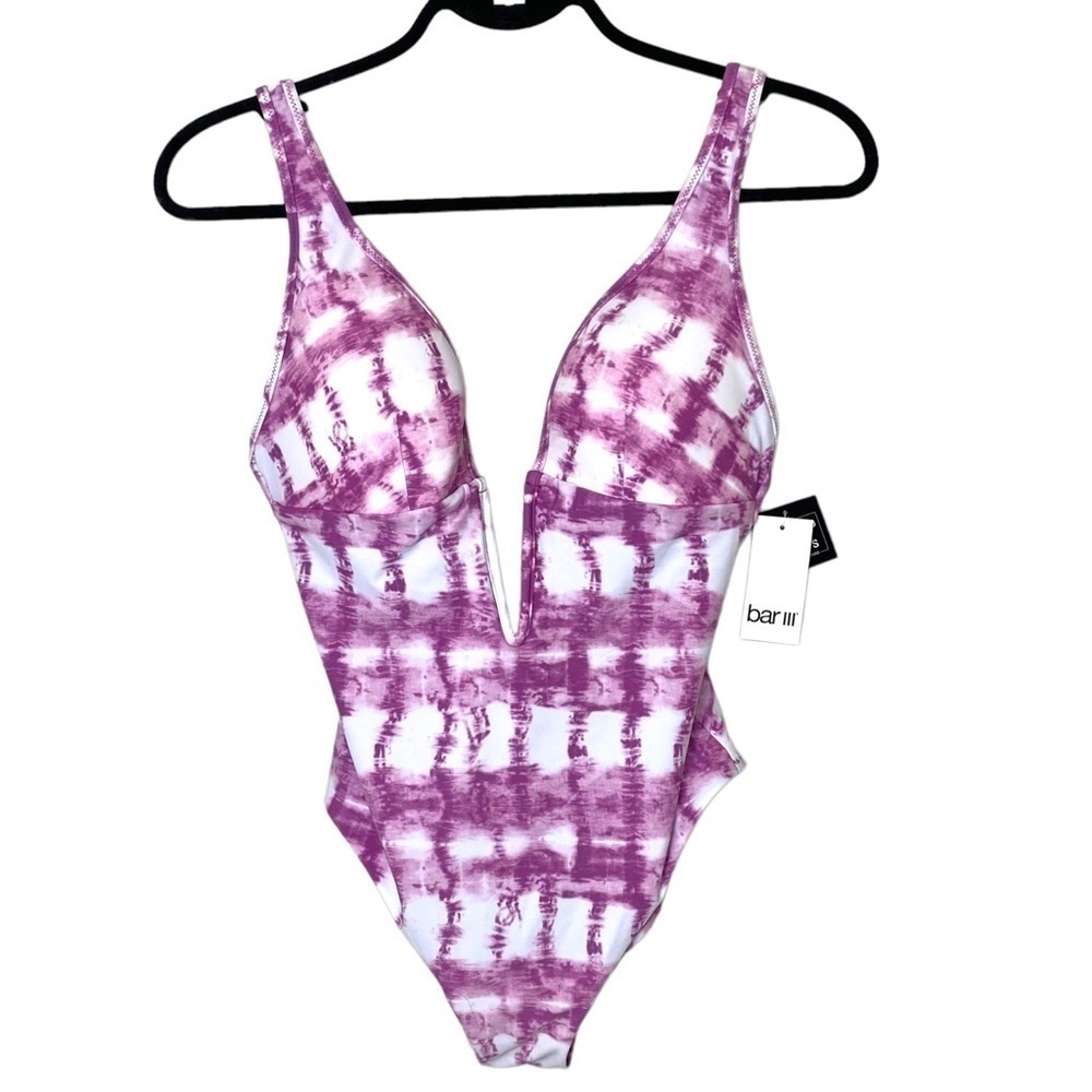 BAR III Summer Stripes Plunge Tie Dye One-Piece Swimsuit - Picture 3 of 11